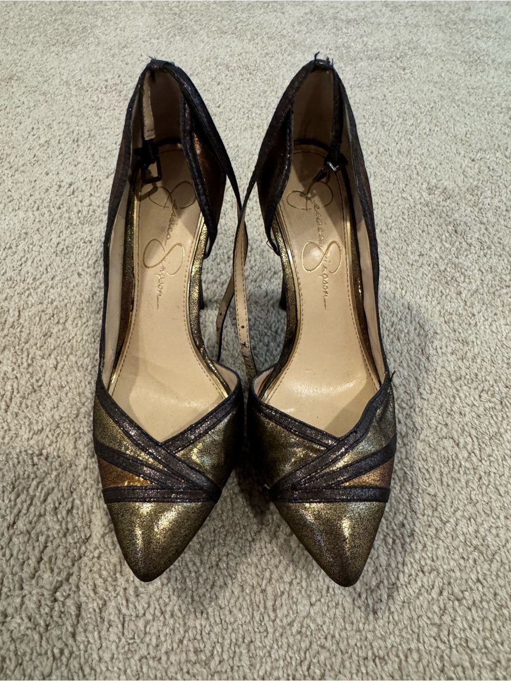 Jessica Simpson Metallic Bronze and Black Strappy Pointed Heels